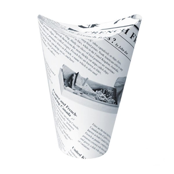 Packnwood 14 oz Happy Fries Newsprint Closable Perforated Snack Cup, 2.36 x 6.3 in. 210TPASK20 - main